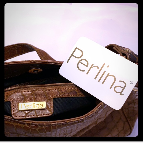 Perlina Croc Embossed Brown Leather Shoulder Bag - Picture 9 of 16